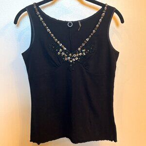 One Girl Who, Black V-Neck Tank Top with Gold Sequins, Size S/P